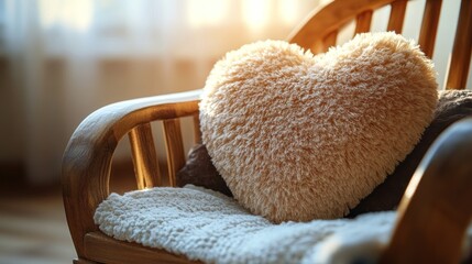 Heart-shaped plush pillow on a wooden rocking chair