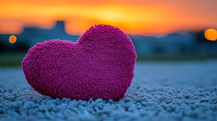 Heart-shaped plush toy at sunset