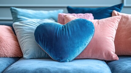 Heart-shaped velvet pillow amongst colorful cushions on a couch