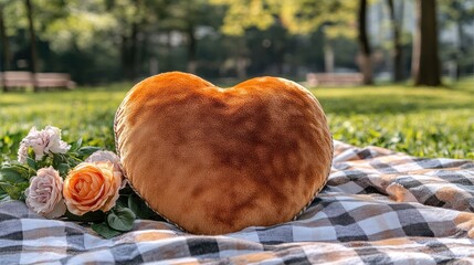 Heart-shaped plush pillow on picnic blanket in park