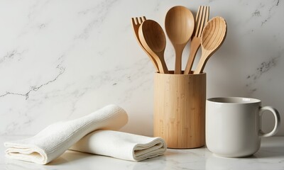 Minimalist display of reusable bamboo kitchen tools on white textured napkins and matte bamboo finish cup on clean marble countertop