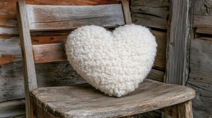 Heart-shaped throw pillow on rustic wooden chair