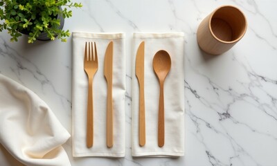 Neutral color eco kitchen layout with bamboo cutlery and eco tumbler on white textured napkins