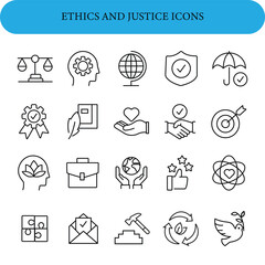 Ethics And Justice Vector Icon Set. Symbols include scales of justice, a head with a gear, a globe, a shield with a check mark, and a handshake.