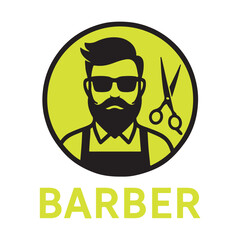 Barber logo with man and scissors isolated on white background