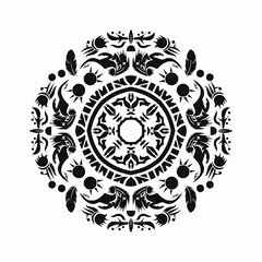 Simple tribal-inspired mandala in black solid shapes minimalistic layout on white background