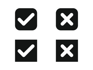 check mark icon button set. check box icon with right and wrong buttons and yes or no checkmark icons in green tick box and red cross.
