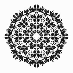 Solid black leaf-based mandala, nature-inspired pattern with radial symmetry on white background