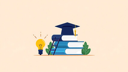 Graduation Cap on Books with Ladder and Lightbulb for Education Concept