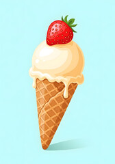 Illustration of an Ice Cream Cone with Strawberry on a White Background