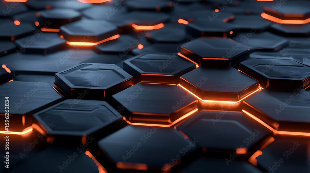 Poster intricate hexagonal pattern glowing with warm orange light in a dark environment creates a vibrant, 