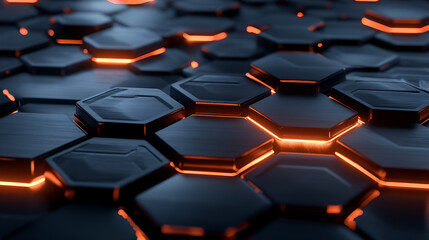 Obraz premium Intricate hexagonal pattern glowing with warm orange light in a dark environment creates a vibrant, modern atmosphere, 3d rendering of abstract geometric composition with glowing cubes in empty space.