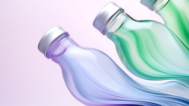 Three pastel tones mint green, soft lavender, and baby blue pouring out together from one tilted bottle, blending at the base in smooth glossy curves, full frame isolated .