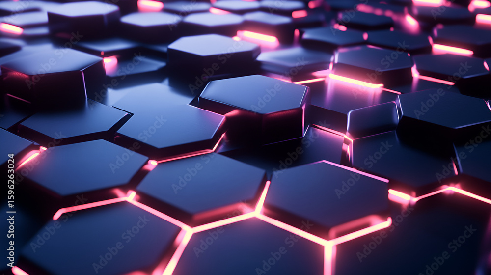 Poster intricate hexagonal pattern glowing with warm orange light in a dark environment creates a vibrant, 