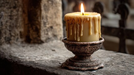 Cream-colored votive candle with dripping wax and glowing flame, placed on weathered bronze holder, stone background, medieval mood