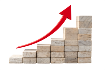 A red arrow rises above stone blocks on a wooden base, representing business growth and financial success on AI Generated by PNG