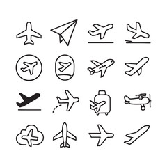 Collection of airplane icons and symbols isolated on white background