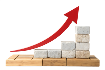A red arrow rises above stone blocks on a wooden base, representing business growth and financial success on AI Generated by PNG