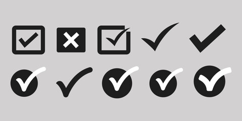 Check tick mark icon set. Cross box x check mark checkbox v list vector draw hand drawn sketch doodle brush marker checklist symbol wrong right circle. Vector Illustration