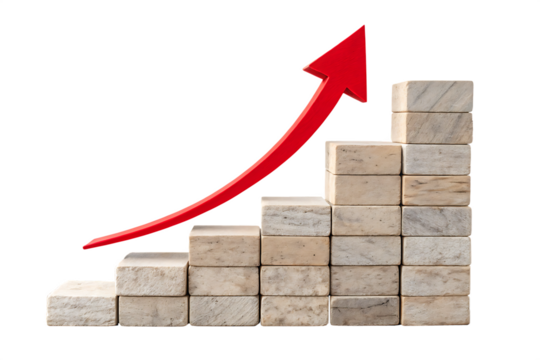A red arrow rises above stone blocks on a wooden base, representing business growth and financial success on AI Generated by PNG