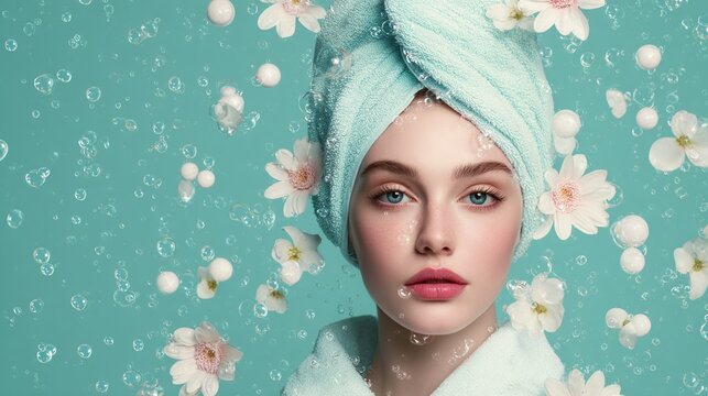  Portrait of a beautiful woman with a towel on her head and flowers around, a spa or beauty salon concept. The woman is in an aquamarine background with bubbles and petals. 