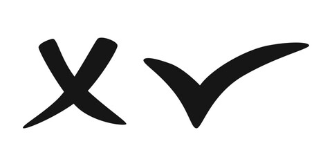 Check tick mark icon set. Cross box x check mark checkbox v list vector draw hand drawn sketch doodle brush marker checklist symbol wrong right circle. Vector Illustration