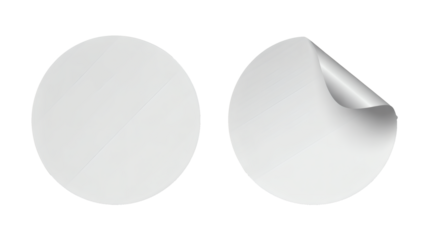 Two blank white round stickers, one flat and one with a peeled corner, offers versatile design mockups for branding and promotional materials