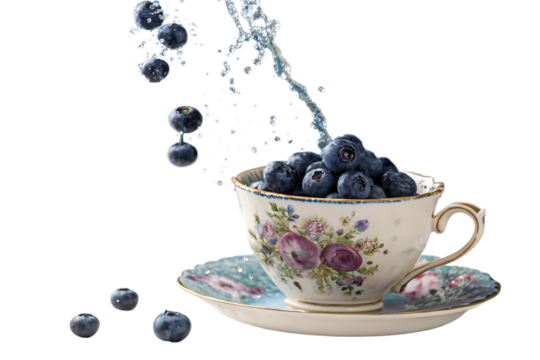 Blueberries Falling Into Water Above Decorative Teacup Creating Dynamic Splash on Blue Backdrop On AI Generated by PNG