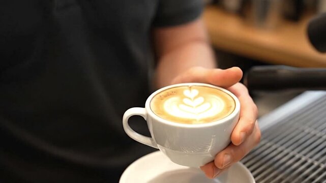 Latte art graces a white cup held by a person set on a matching saucer against a blurry barista setting
