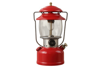 Antique red kerosene lamp glowing against transparent background, evoking bygone era
