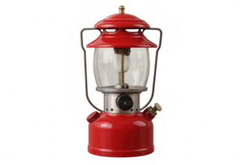 Antique red kerosene lamp glowing against transparent background, evoking bygone era