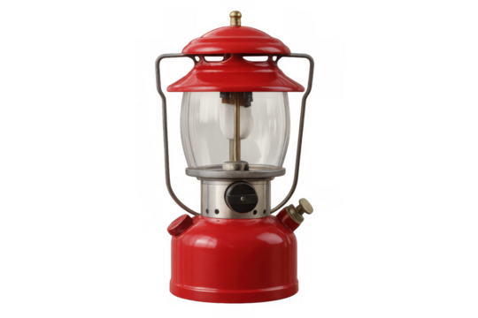 Antique red kerosene lamp glowing against transparent background, evoking bygone era