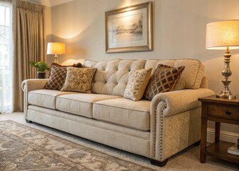  Elegant Tufted Sofa with Decorative Pillows in a Classic Living Room