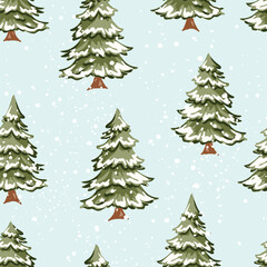 Snowy evergreen trees seamless pattern on a light blue background. Vector illustration