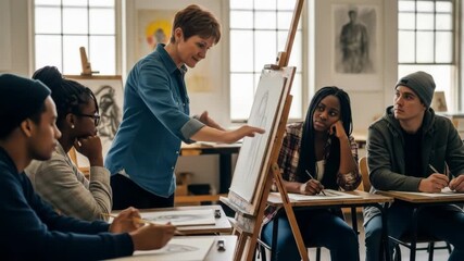 Art Instructor Guiding Diverse Students in a Drawing Class - Powered by Adobe