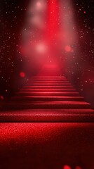 Bright red staircase leading to an illuminated space with sparkling accents and a mysterious atmosphere