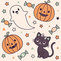 Niedliche Halloween-Illustration mit Geist, Kürbis und schwarzer Katze