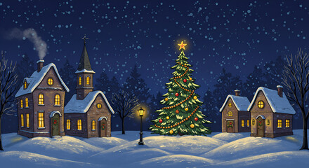Fototapeta premium Charming winter village scene with snow-covered houses and a decorated Christmas tree