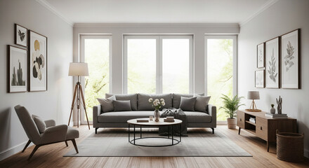 Bright and Modern Living Room with Large Windows
