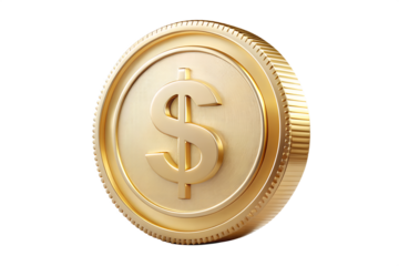 Photo of a single gold coin with a prominent dollar sign is isolated on a clean transparent background