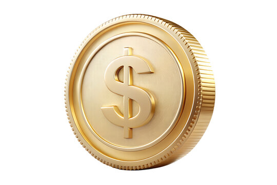 Photo of a single gold coin with a prominent dollar sign is isolated on a clean transparent background