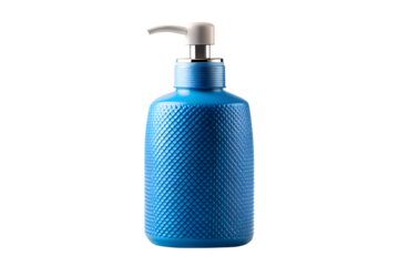 Photo of a textured blue soap dispenser bottle with a white pump, isolated on a transparent background