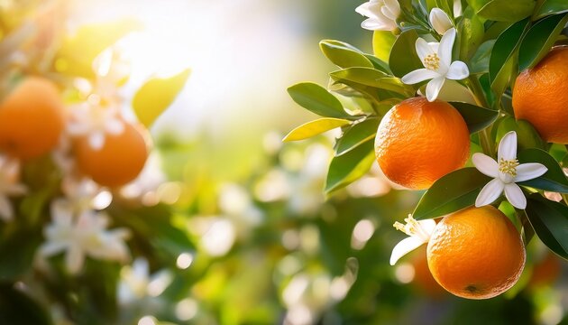 branch of orange trees with blossoms on blurred sunny background in garden