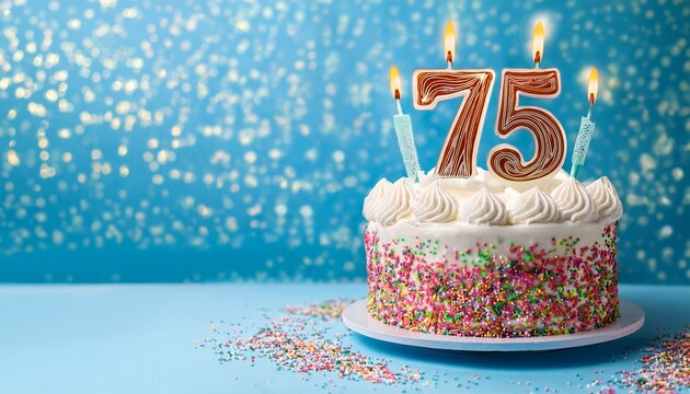a beautiful birthday cake with 75 candles and colorful sprinkles on a light blue background with space for text