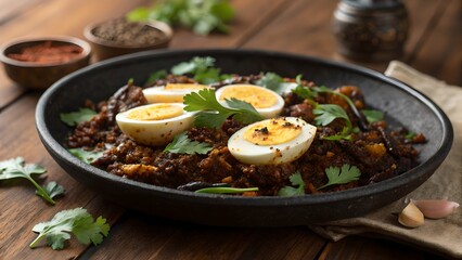 Spicy South Indian Egg Pepper Fry on Rustic Brown Wood – Aromatic Dry Masala Delight