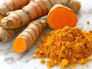 Close-up of whole and ground turmeric on white background