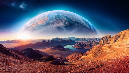 Obraz premium ai generated stunning alien landscape with a large planet in the background