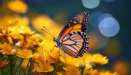 Obraz premium captivating butterfly amidst vibrant yellow flowers a stunning display of nature s beauty