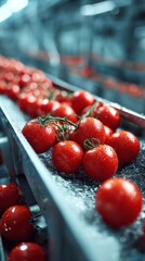 Freshly harvested tomatoes on a conveyor belt in a processing facility during the day