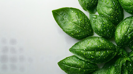 Fresh green basil leaves with water on white background
